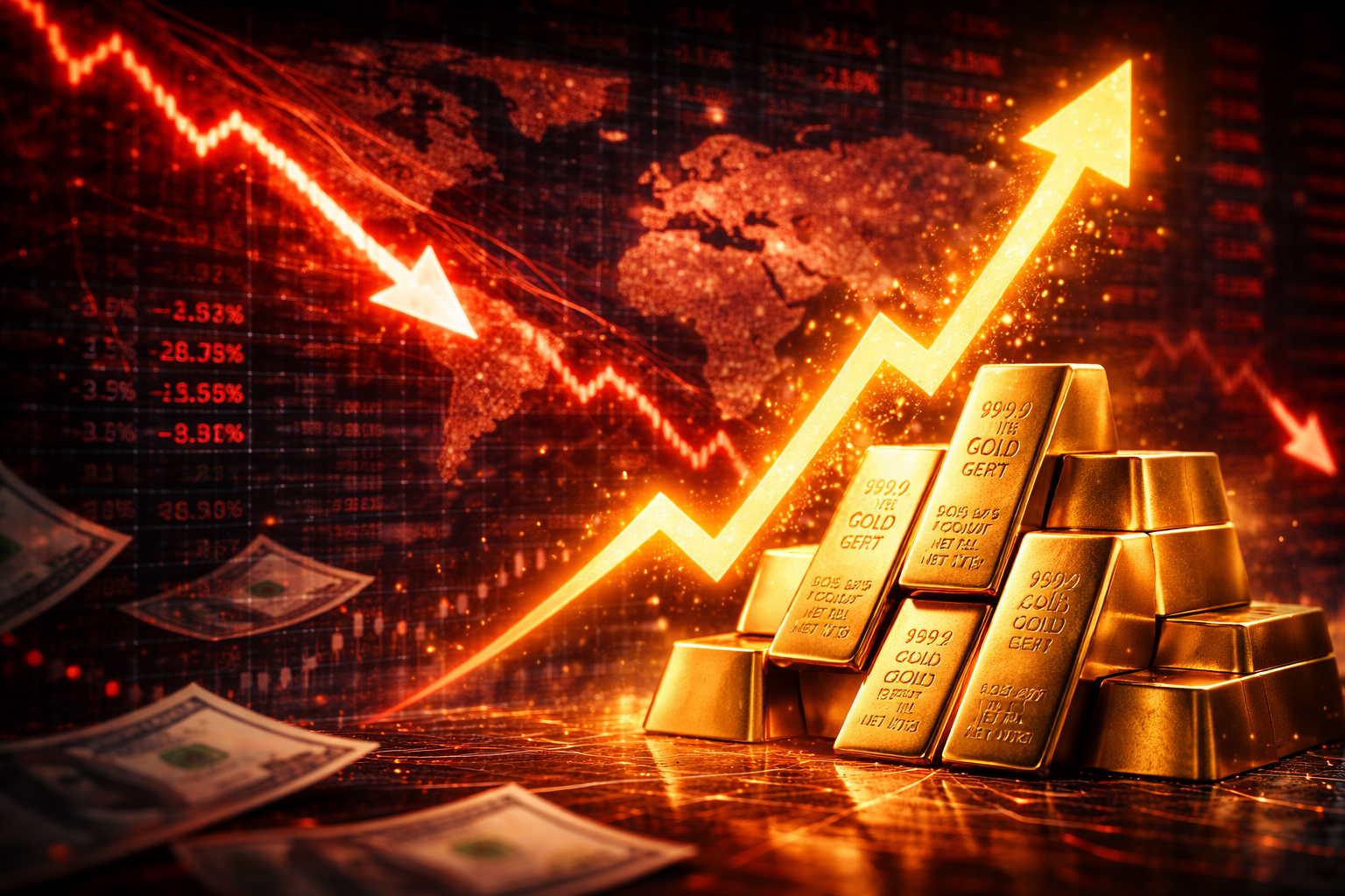 gold bars rising while red recession charts fall symbolizing gold gaining during a global recession