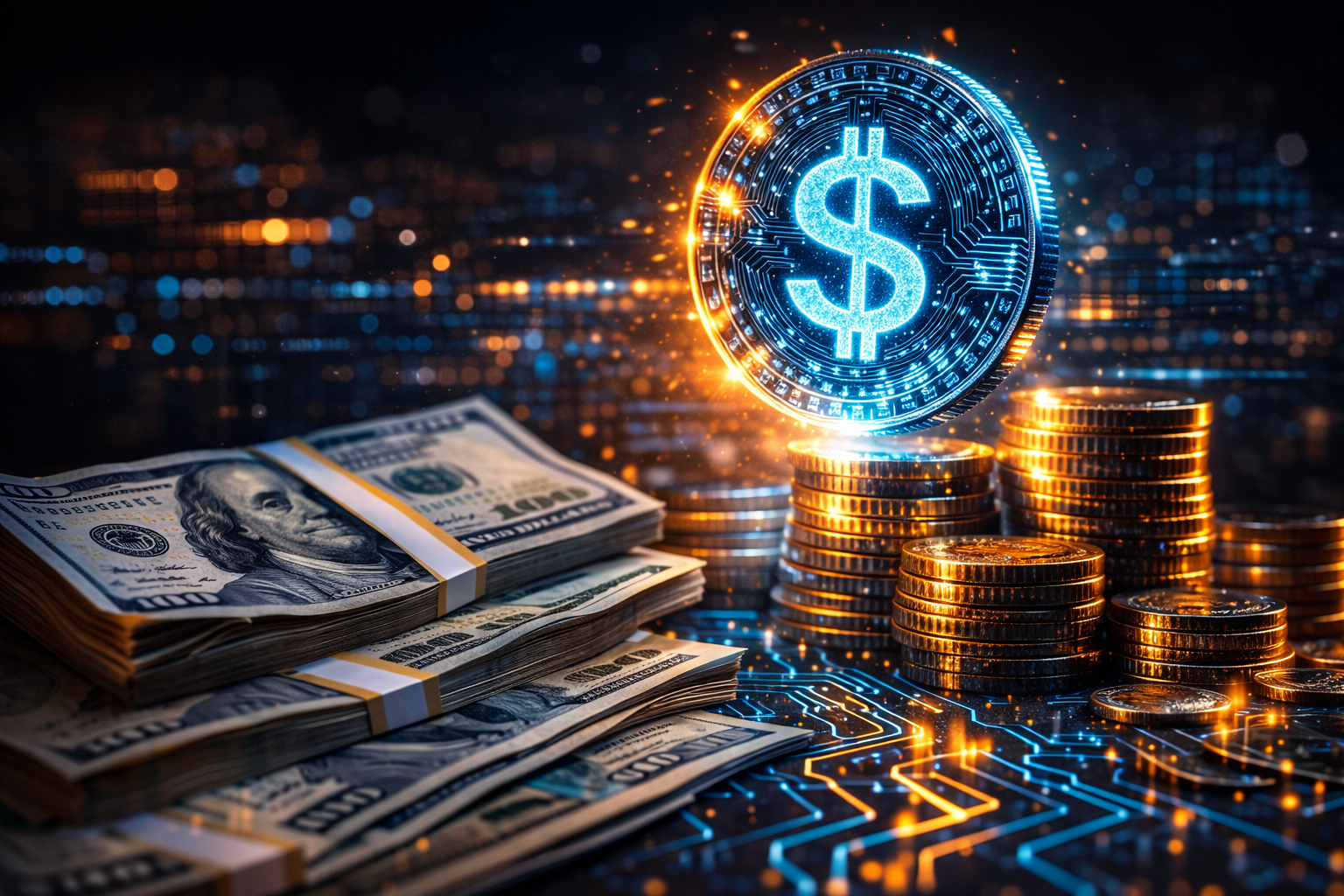 glowing digital dollar coin rising above stacks of paper money and coins symbolizing the future of digital currency