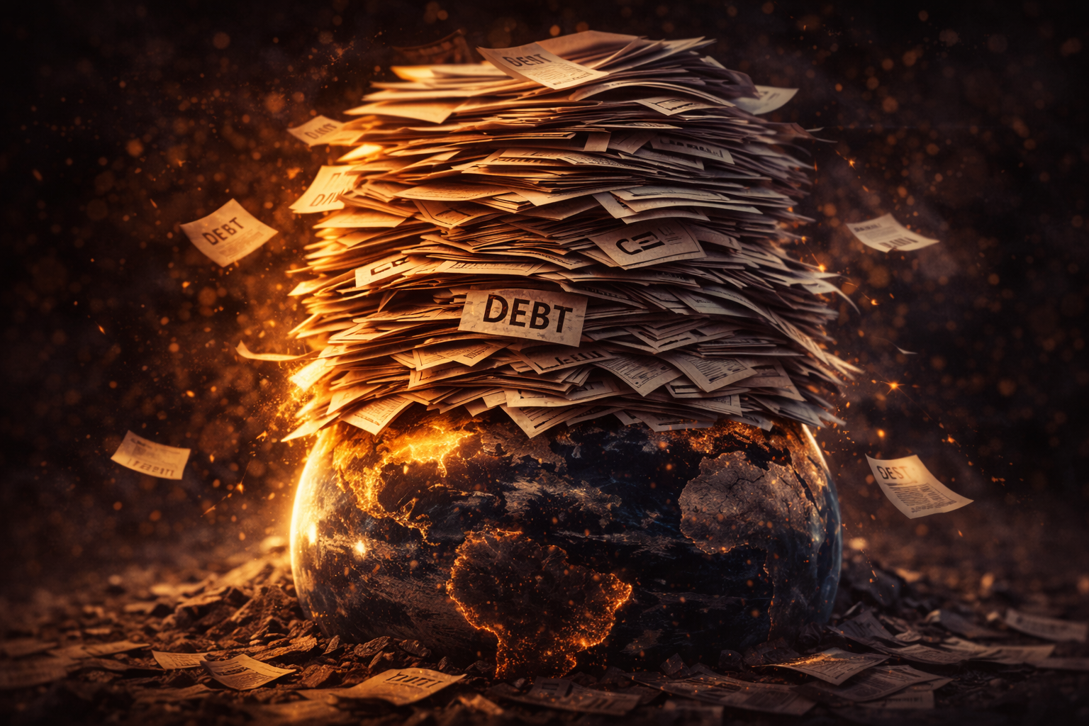 Earth being crushed under a massive stack of debt papers symbolizing the global debt crisis
