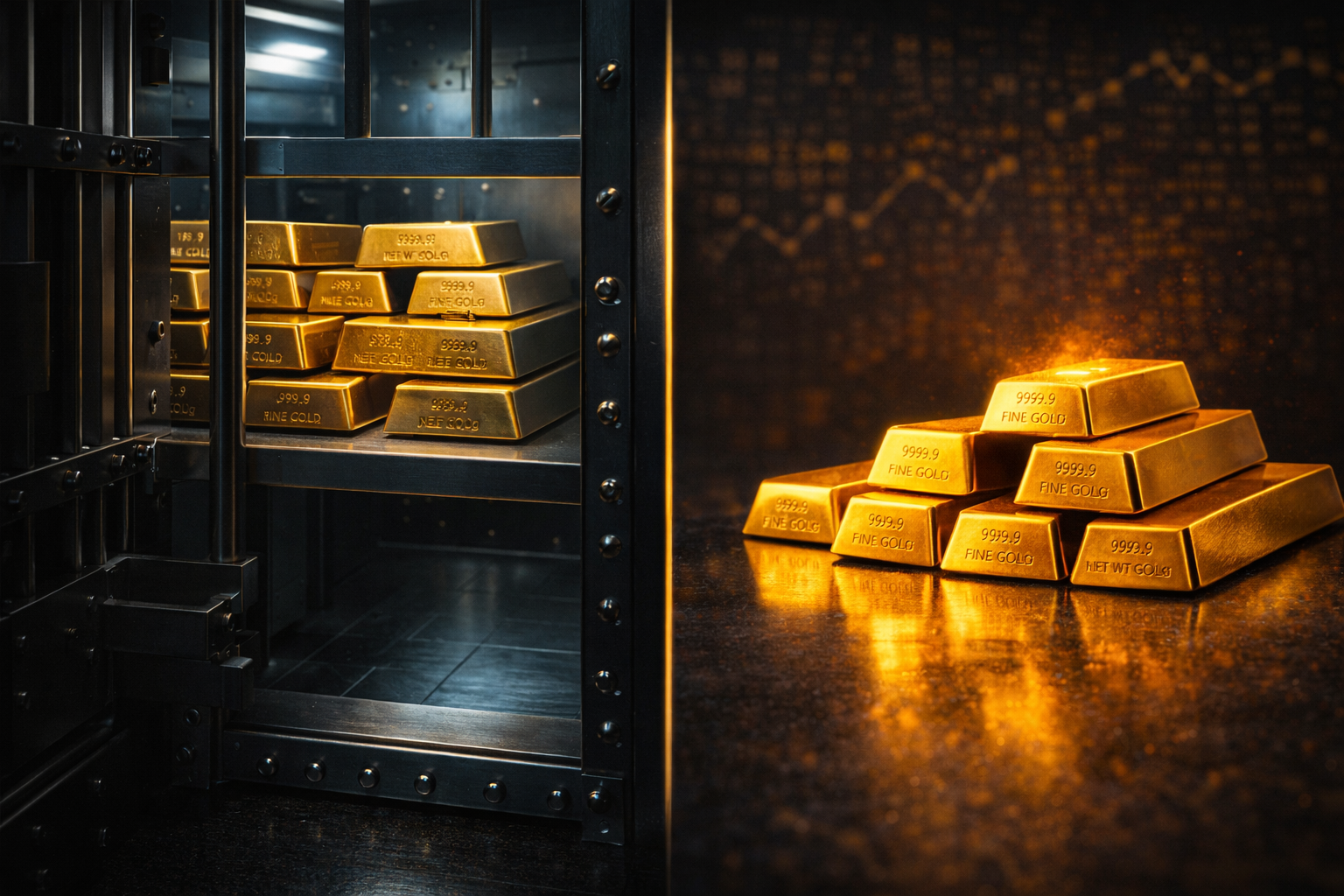 gold stored in a vault compared to loose gold bars representing gold ira versus physical gold for retirement investors