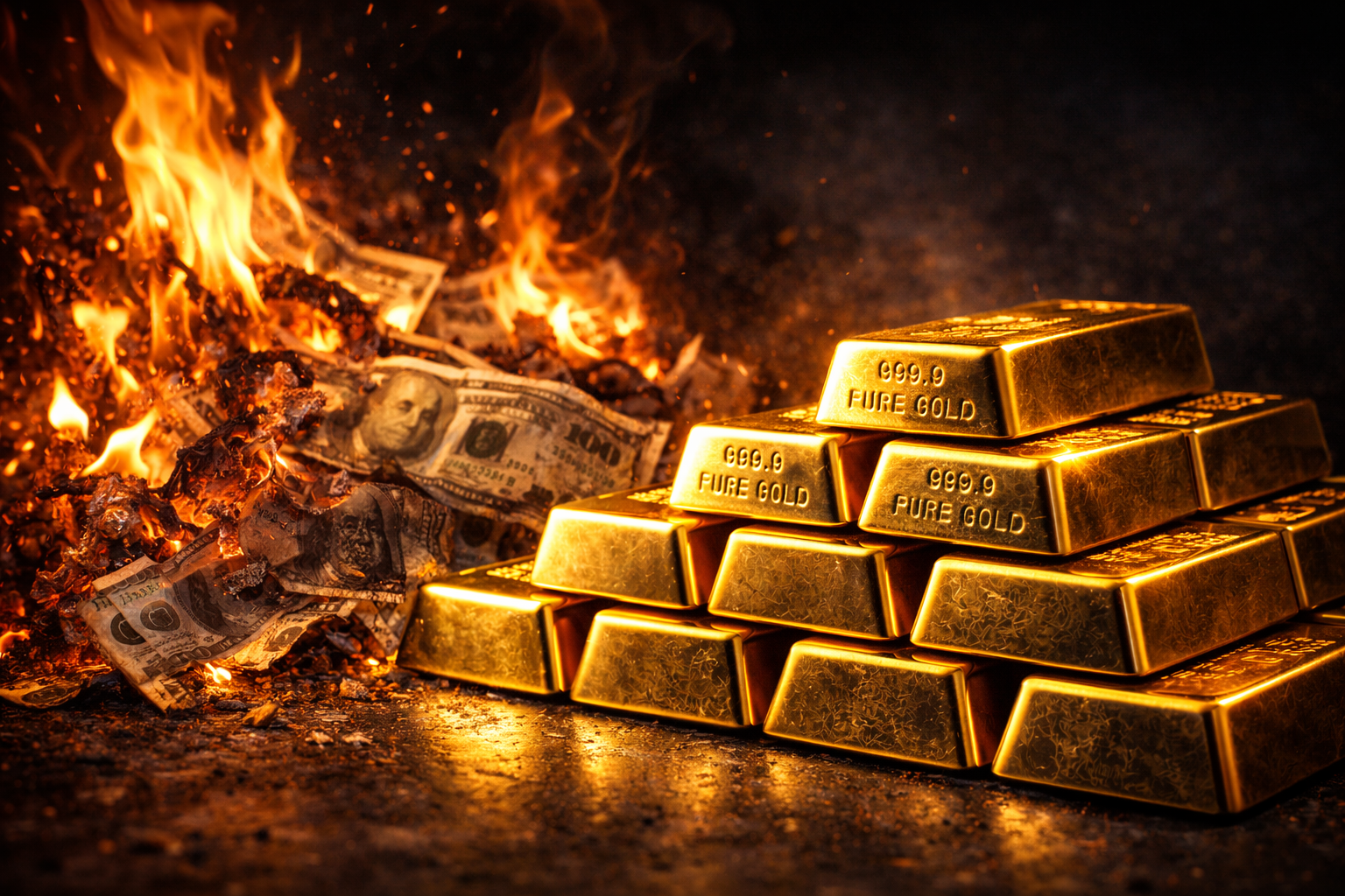 Gold bars beside burning currency representing inflation