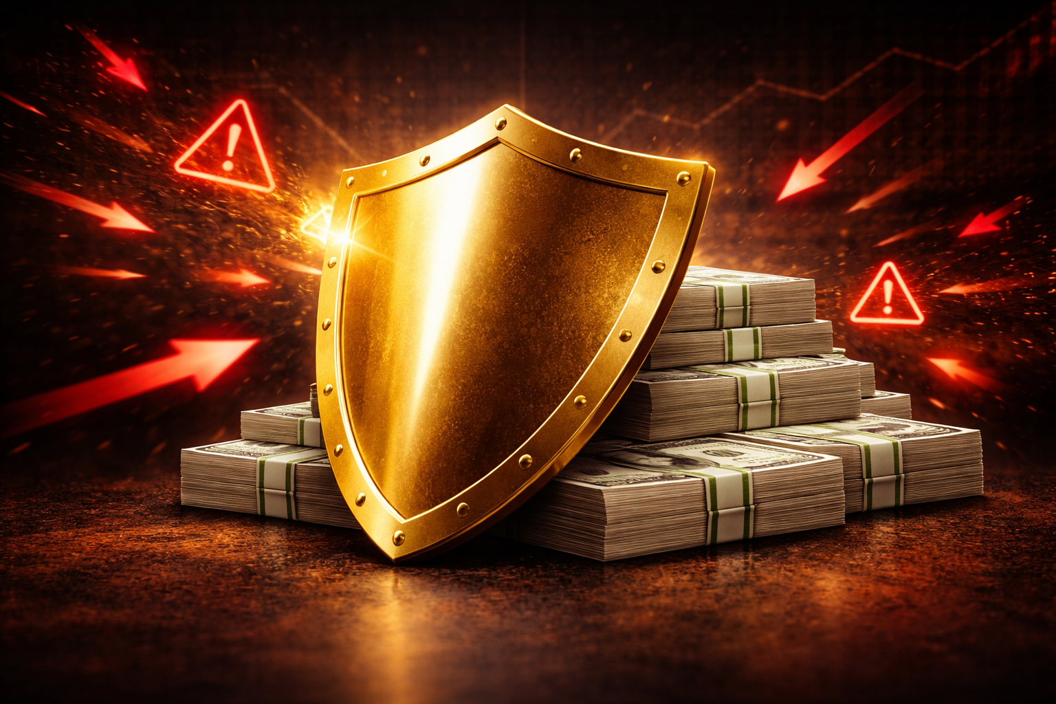 gold shield protecting stacks of cash from market risk representing how gold protects retirement savings