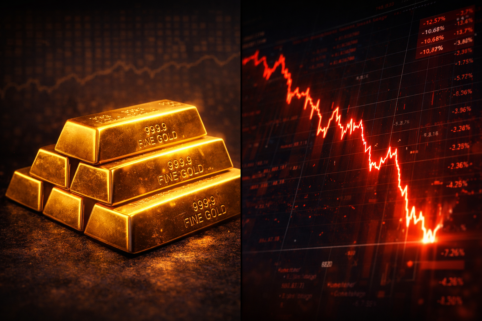 gold bars contrasted with a crashing stock market chart representing gold vs stocks for protecting wealth