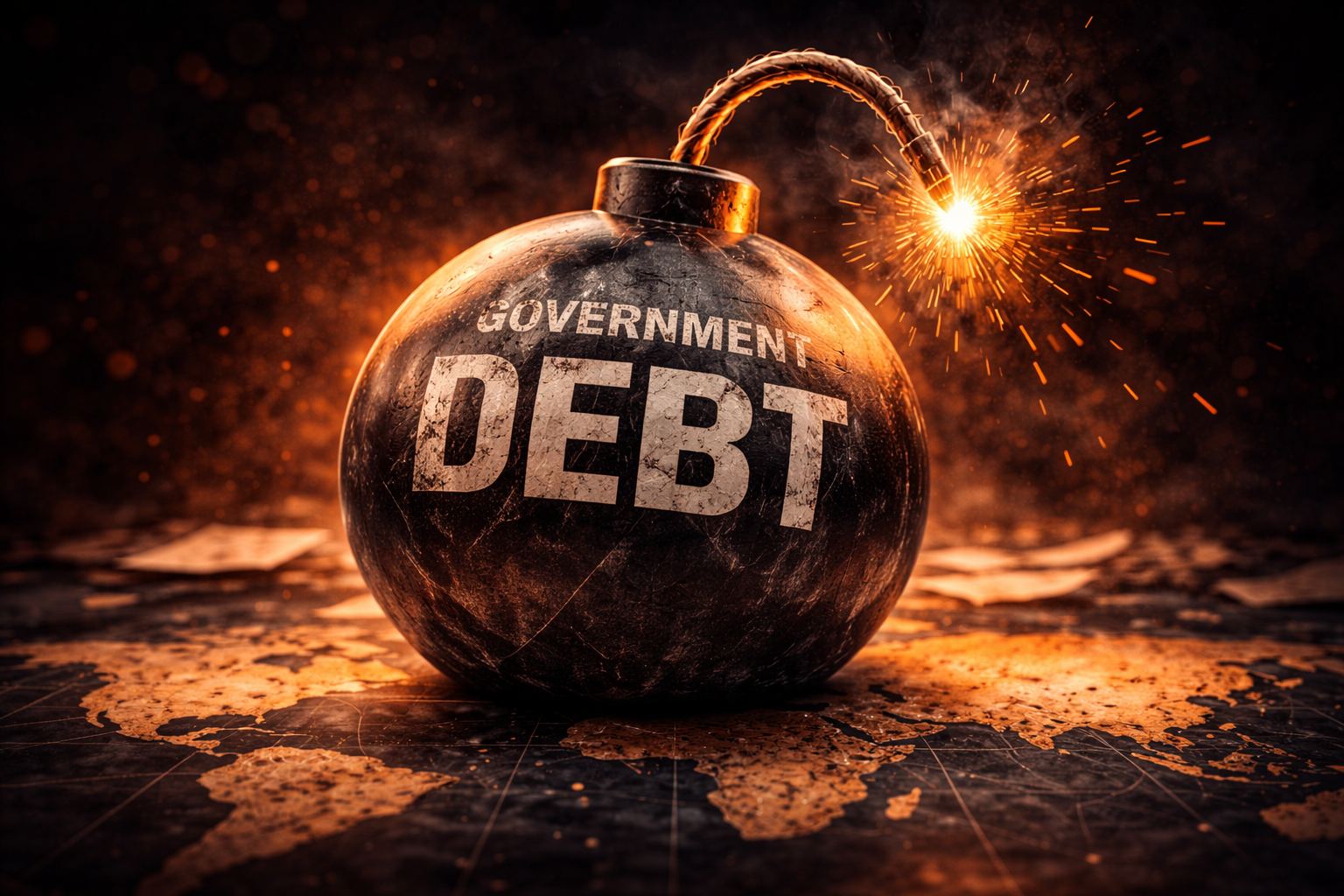 bomb labeled government debt with burning fuse on world map symbolizing a global debt crisis